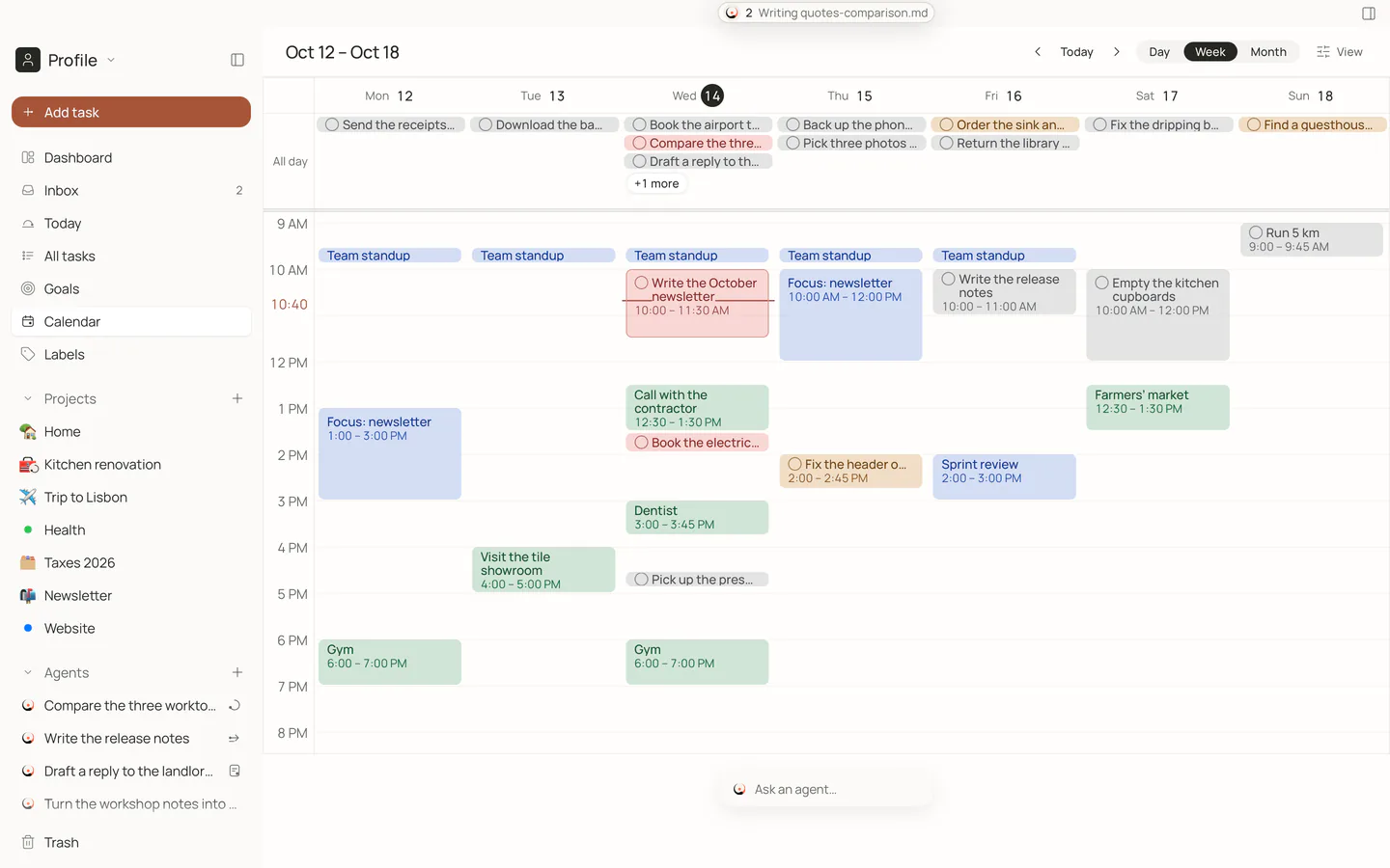 The week in the calendar: meetings, and to-dos with a time shown as blocks next to them.