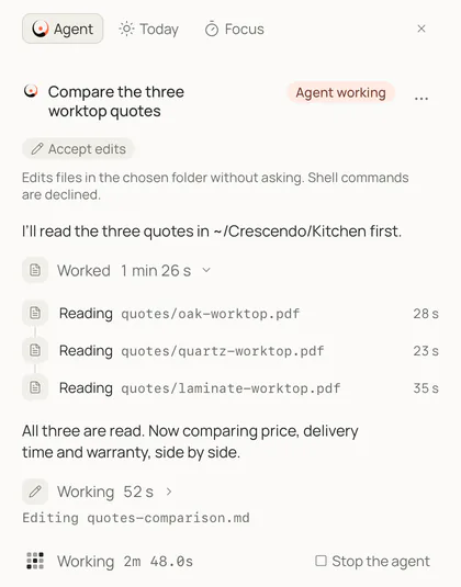 The agent panel while it works on “Compare the three worktop quotes”: it has read three quote files in ~/Crescendo/Kitchen and is now writing a comparison.