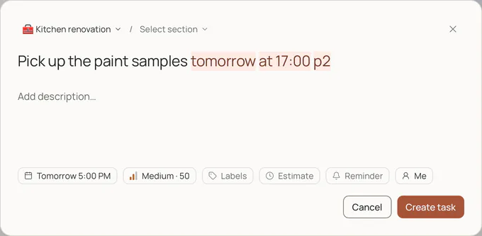 A new to-do in the Kitchen renovation project: “Pick up the paint samples tomorrow at 17:00 p2” becomes a due date of tomorrow at 5:00 PM and medium priority.