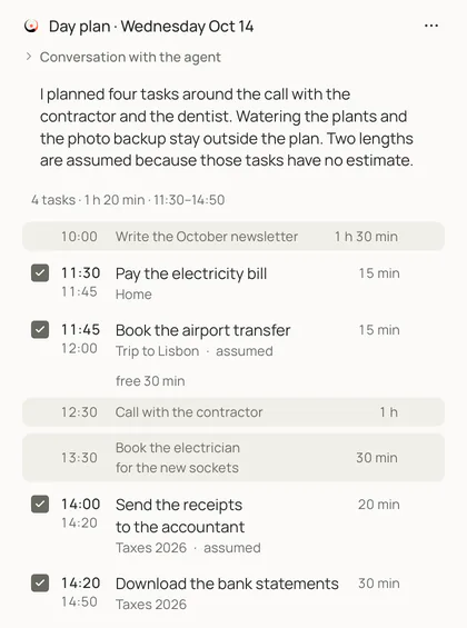 A day plan from the agent for Wednesday: to-dos placed between the call with the contractor and the dentist, with free time kept between them.