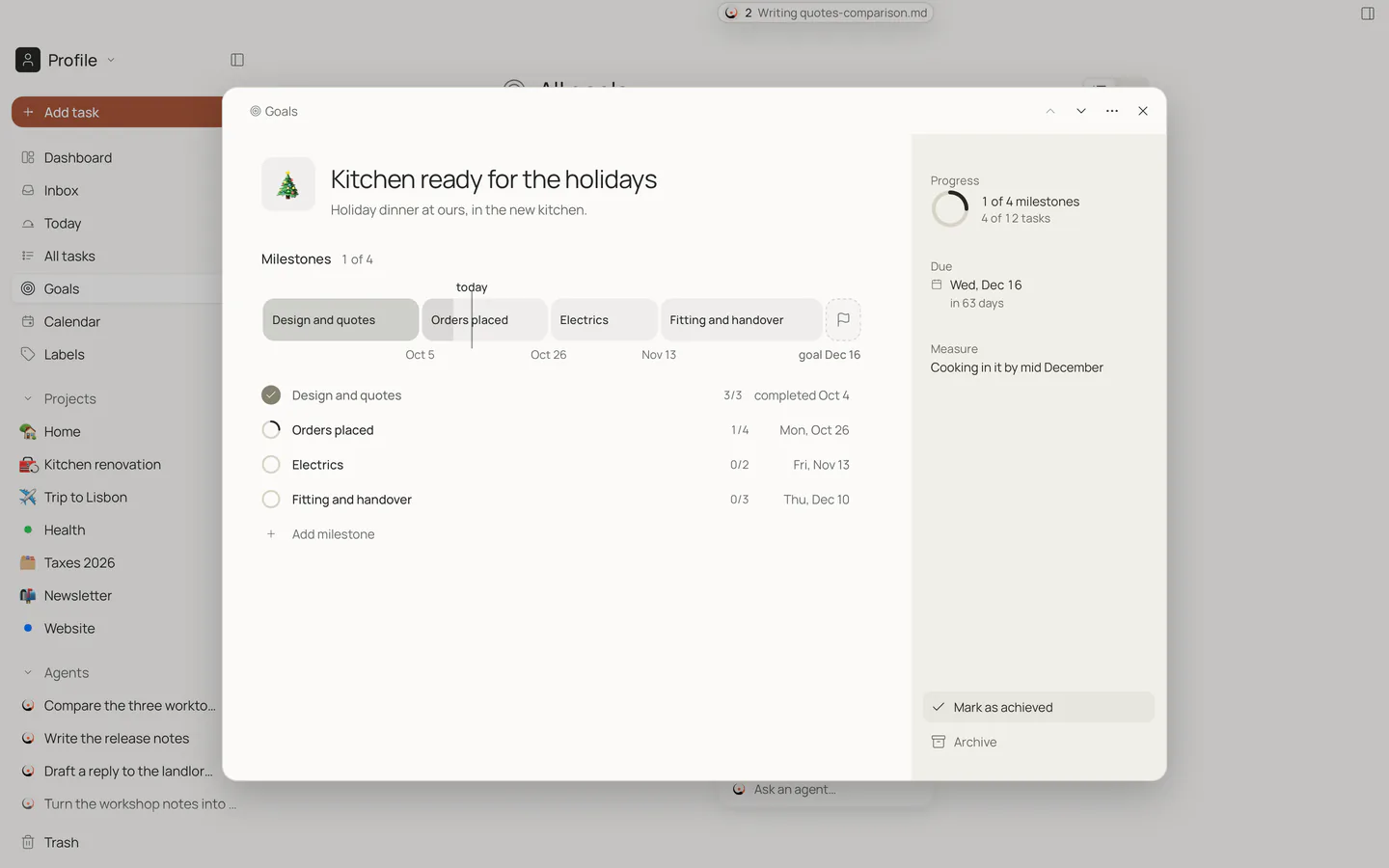 The goal “Kitchen ready for the holidays” with four milestones on a timeline and its progress on the right.